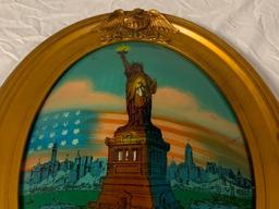 ANTIQUE USA ART DECO BUBBLE GLASS PAINTING WOOD FRAME LADY STATUE OF LIBERTY NEW YORK