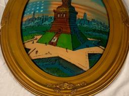 ANTIQUE USA ART DECO BUBBLE GLASS PAINTING WOOD FRAME LADY STATUE OF LIBERTY NEW YORK