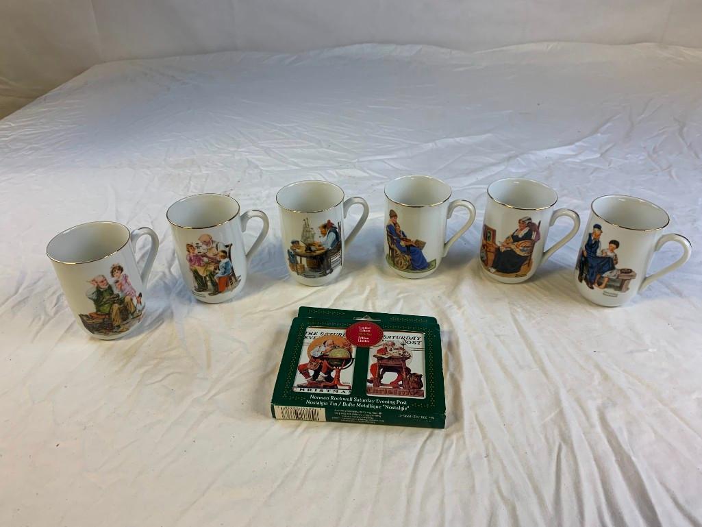 Lot of 6 NORMAN ROCKWELL Vintage Set of 6 Ceramic Coffee Mugs Cups plus a set of playing Cards