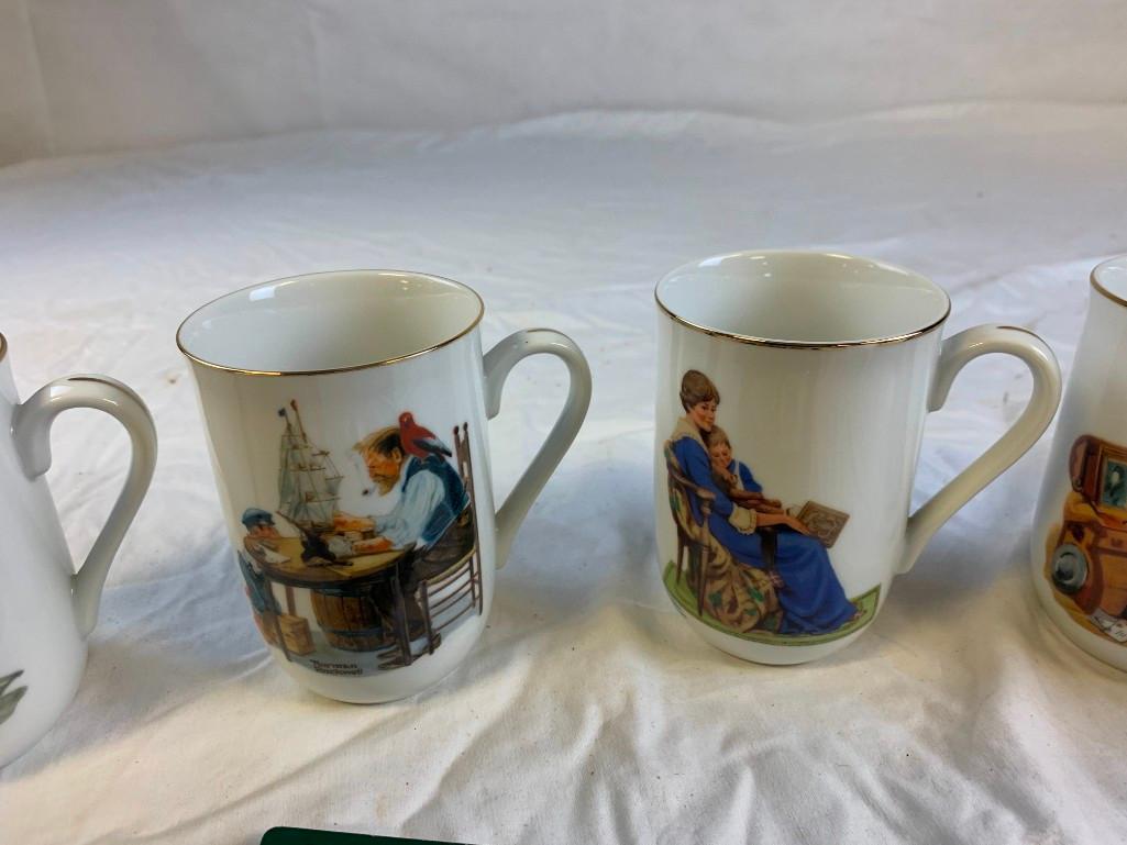 Lot of 6 NORMAN ROCKWELL Vintage Set of 6 Ceramic Coffee Mugs Cups plus a set of playing Cards