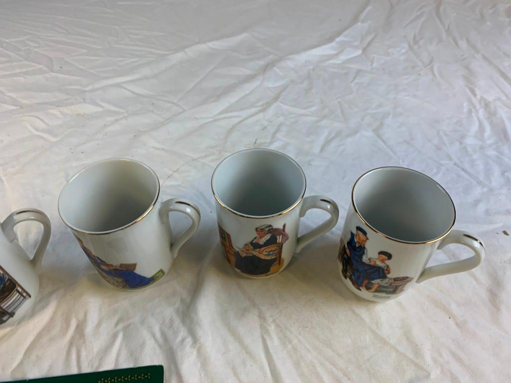 Lot of 6 NORMAN ROCKWELL Vintage Set of 6 Ceramic Coffee Mugs Cups plus a set of playing Cards