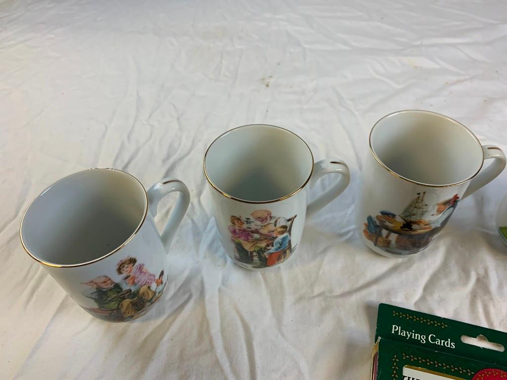 Lot of 6 NORMAN ROCKWELL Vintage Set of 6 Ceramic Coffee Mugs Cups plus a set of playing Cards