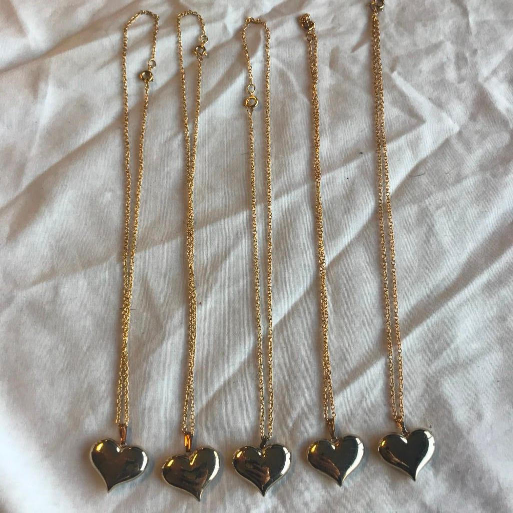 Lot of 5 Identical Gold-Toned Heart Pendant Necklaces