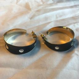 Lot of 8 Identical Pairs of Black and Gold-Toned Hoop-Style Earrings with Plastic Gem Details