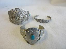 Lot f 3 Silver-Toned Bangle/Cuff Bracelets w/ Center Designs and Semi-Precious Stone