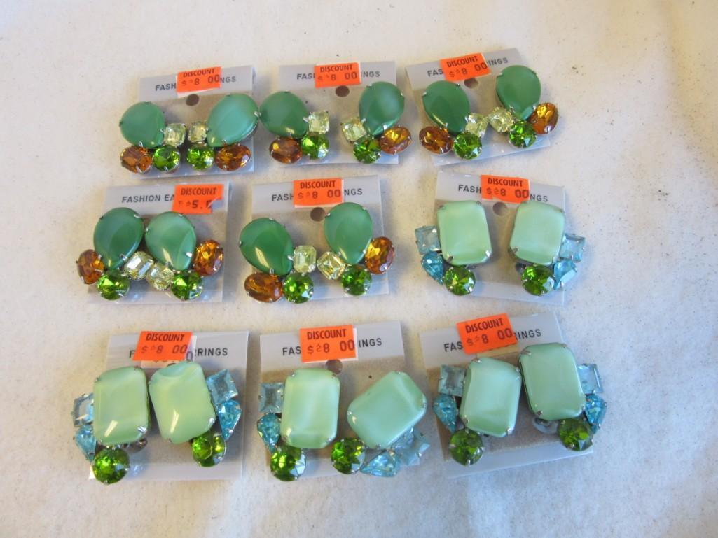 Lot of 9 Similar Green Rhinestone and Plastic Faux-Gem Clip-On Costume Earrings