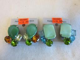 Lot of 9 Similar Green Rhinestone and Plastic Faux-Gem Clip-On Costume Earrings