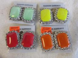 Lot of 7 Colorful Plastic Gem Earrings Clip-On Earrings with Rhinestone Details