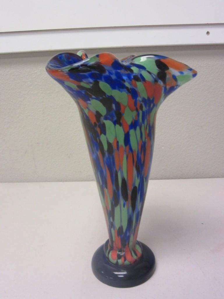 10" Tall Glass Multicolored Blue/Green/Orange Vase