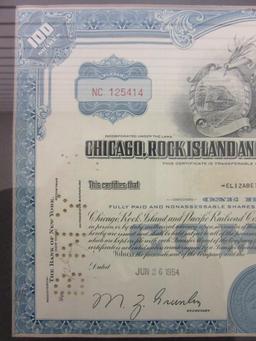 Vintage 1964 CHICAGO ROCK ISLAND AND PACIFIC RAILROAD COMPANY Framed Stock Certificate 11"x14"