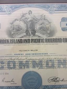 Vintage 1964 CHICAGO ROCK ISLAND AND PACIFIC RAILROAD COMPANY Framed Stock Certificate 11"x14"