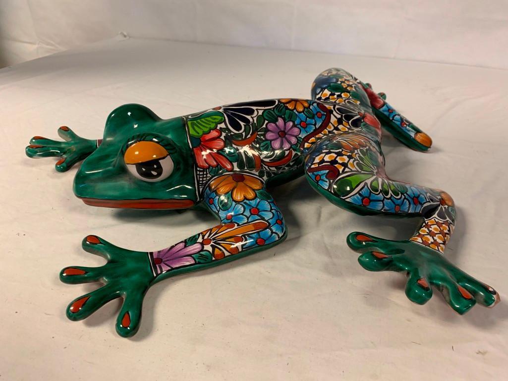 Large Ceramic Clay FROG Figurine Hand-painted Mexican Wall Folk Art Signed by the Artist