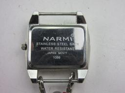 NARMI Red/Silver Toned Water Resistant/ Stainless Steel Back Beaded Wrist Watch Needs Bat. 8"