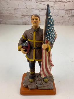 Fireman Firefighter Holding Helmet and American Flag Figure