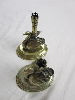 Set of silverplate and brass swan taper candlestick holders 4" x 5"