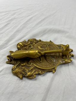 Vintage brass door knocker knight-theme with hand and anvil knocker 7.5" tall