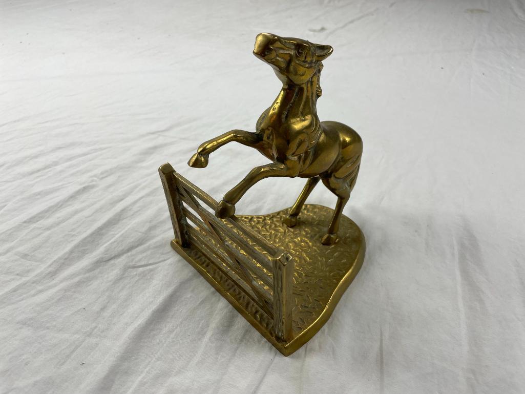 Brass horse jumping at a gate book end. 6.5" x 5"