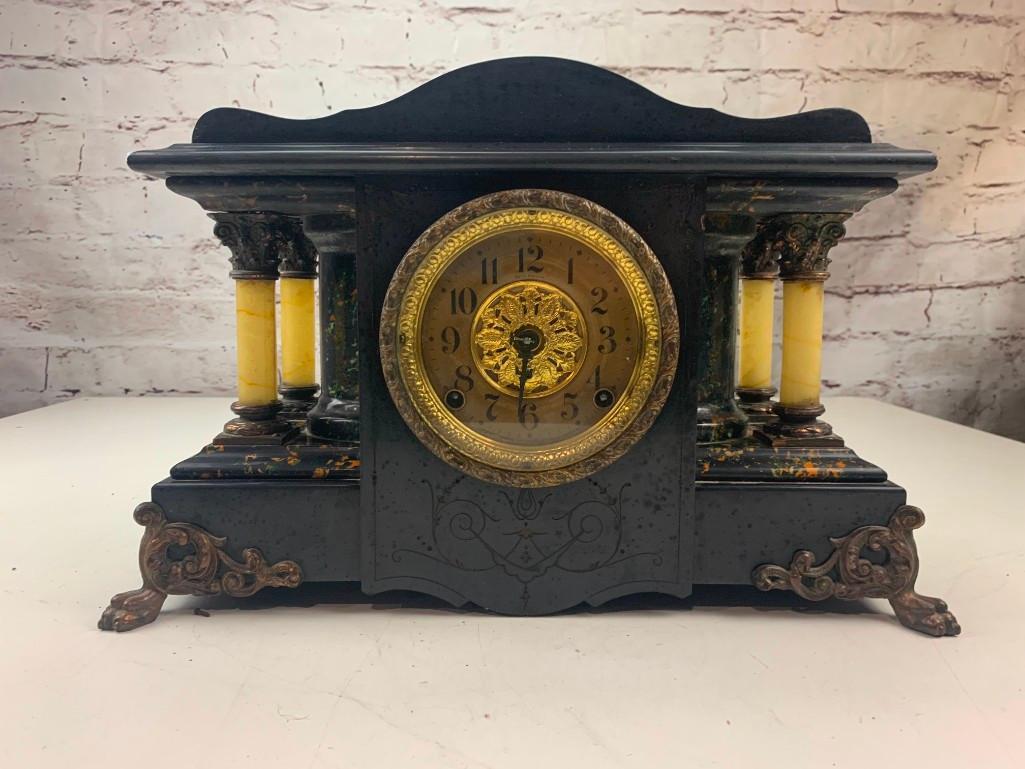 Antique Seth Thomas 4 Column Black Adamantine Mantle Clock