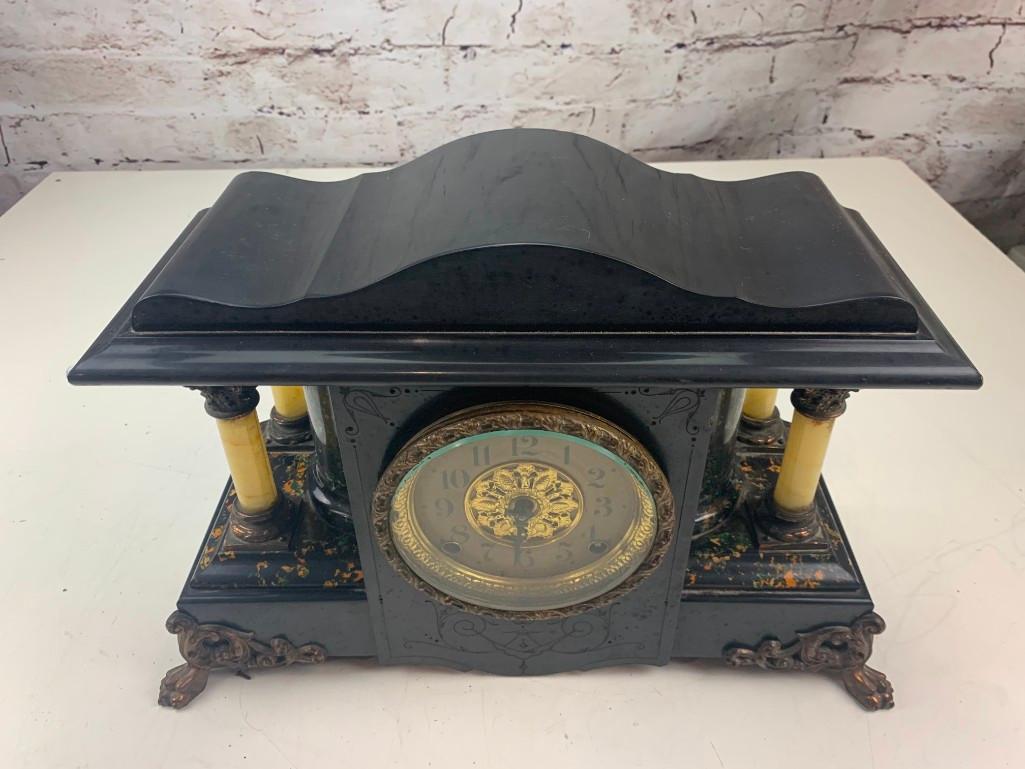 Antique Seth Thomas 4 Column Black Adamantine Mantle Clock