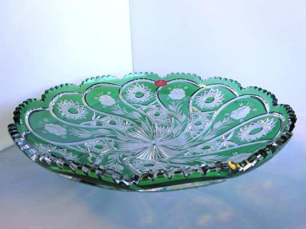 Vintage German green cut crystal Schonborner Bleikristall decorative bowl. 13.5"