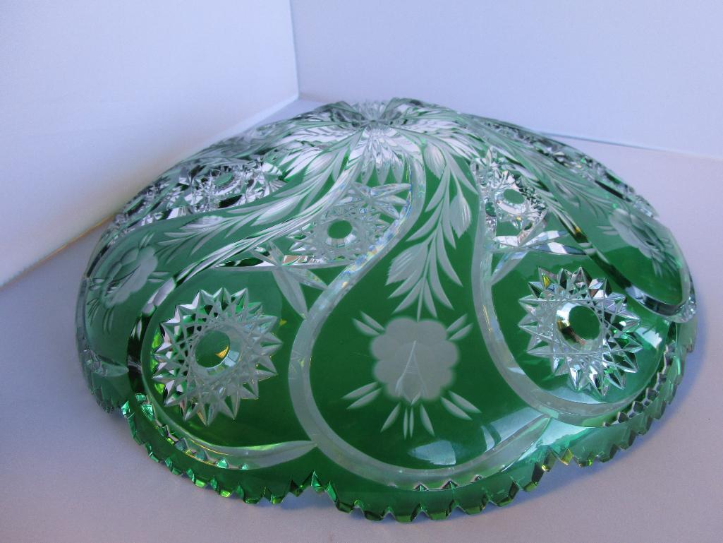 Vintage German green cut crystal Schonborner Bleikristall decorative bowl. 13.5"