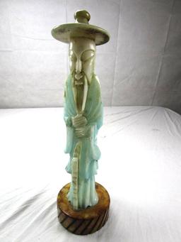 Heavy, hand carved stone Chinese man with hat statue on stone base. 19" tall 10 pounds.