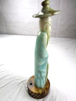 Heavy, hand carved stone Chinese man with hat statue on stone base. 19" tall 10 pounds.