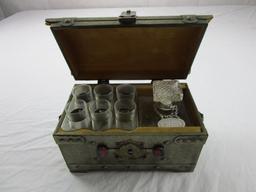 Replica wood treasure chest with brass accents, a glass decanter, and a set of 6 shot glasses