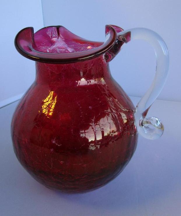 Vintage cranberry-color crackle glass pitcher with handkerchief edges 6.5" tall