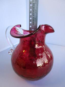 Vintage cranberry-color crackle glass pitcher with handkerchief edges 6.5" tall