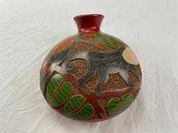African pottery water vessel with image of monkey and bird 7.5"