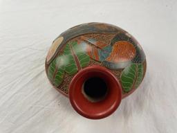 African pottery water vessel with image of monkey and bird 7.5"