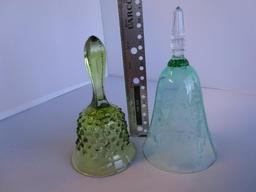 Lot of 2 decorative green glass bells: hobnail and etched