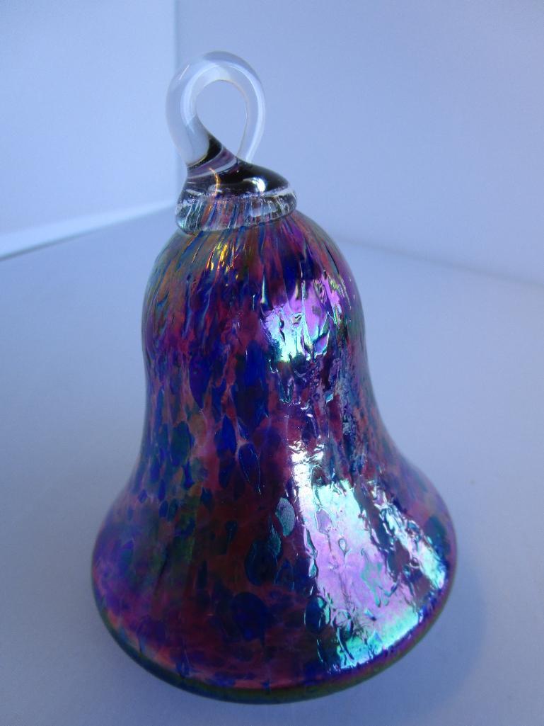 Purple carnival glass bell shaped Christmas tree ornament 4" tall