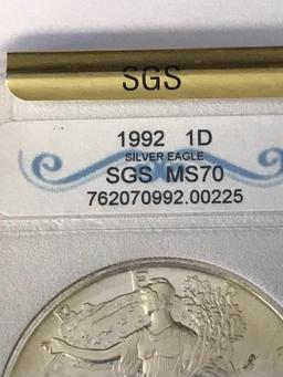 1992 $1 Silver Eagle Coin Graded SGS MS70