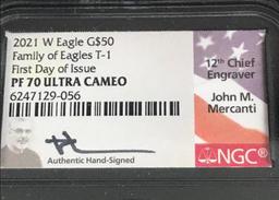 2020-W Gold Eagle $50 Family of Eagles T-1, First Day of Issue NGC MS70 Ultra Cameo John Mercanti