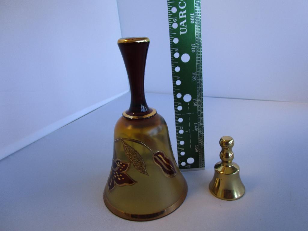 Lot of 2 gold-tone bells: one miniature brass and one floral painted: 2" and 5.5" tall