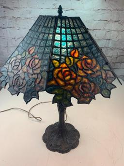 Vintage Metal and Stained Glass Table Lamp