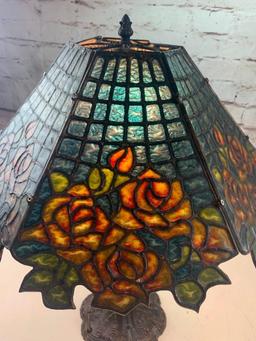 Vintage Metal and Stained Glass Table Lamp