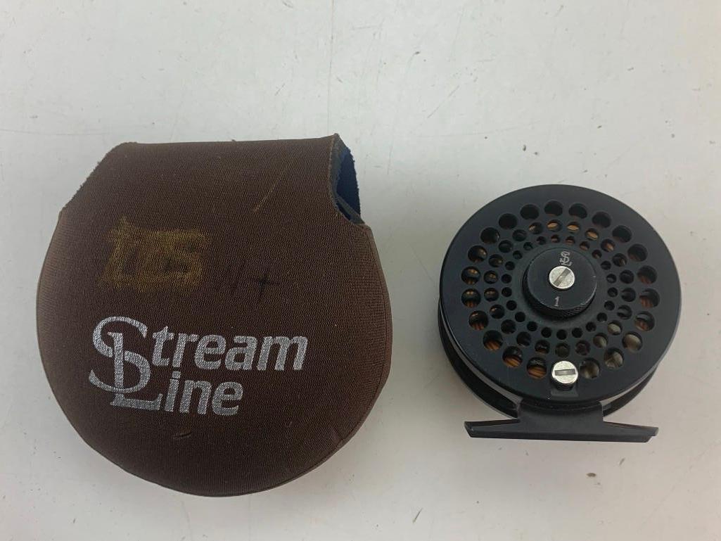 Stream line fly fishing reel with line and case