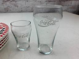 Coca Cola Coke Lot of 6 10.5" Plates and 2 Drink Glasses