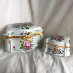 Set of 2 LIMOGES FRENCH Matching Hand-Painted Ornate Jewelry Boxes with Gold-Toned Edges