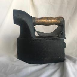Vintage Clothing Iron with Compartment for Hot Coals, Wooden Handle, and Opening for Smoke