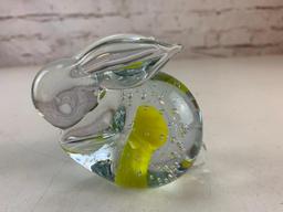 Art Glass Bunny Rabbit Paper Weight with Controlled Bubbles and Yellow Swirl