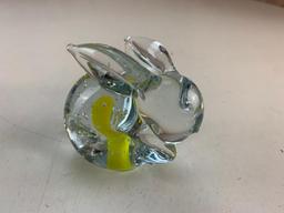 Art Glass Bunny Rabbit Paper Weight with Controlled Bubbles and Yellow Swirl