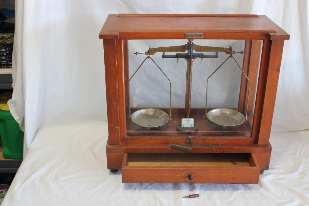 Antique Fisher Scientific Medical Scales In Oak and Glass Case