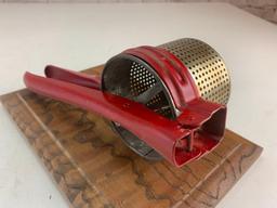 Vintage Flour Sifter with red handle mounted on Plaque- Kitchen Decor