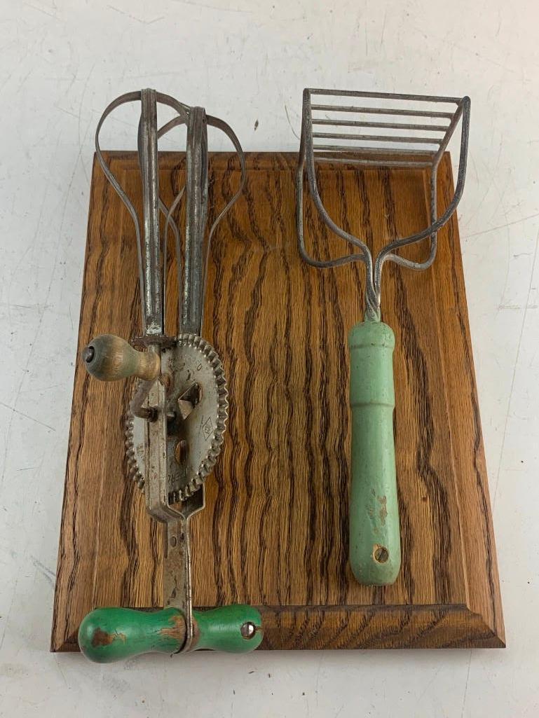 Vintage Hand Mixer and Potato Smasher Mounted On Plaque- Kitchen Decor