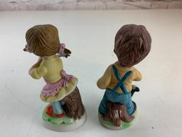 Lot of 2 Vintage Children Farmers Ceramic Figures with Chicken and Goose