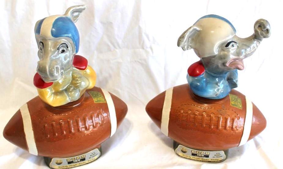 1972 Jim Beam Football Political Bottle Decanter Pair